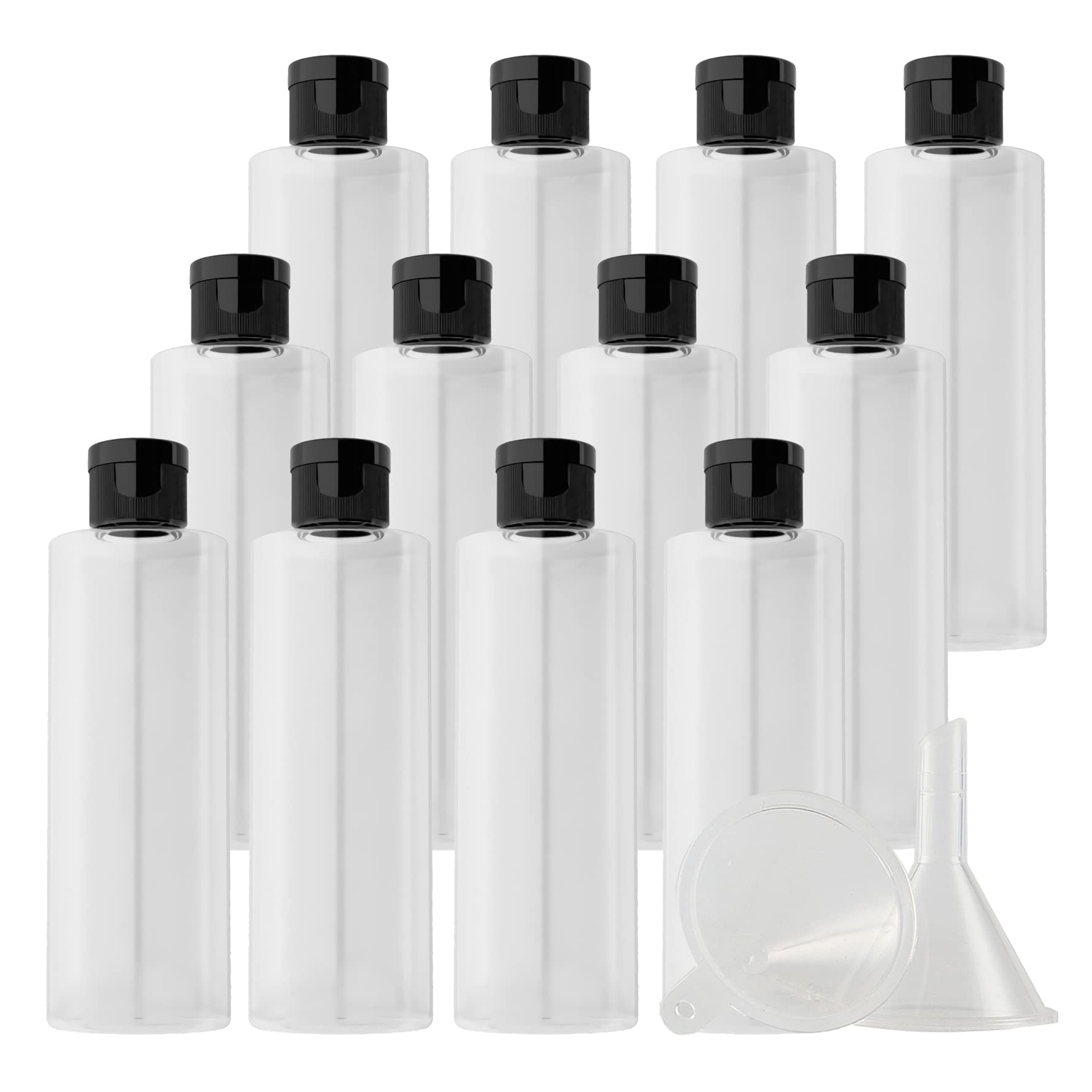 12 Pezzi 200 ml Trasparente Bottiglie di plastica PET con Tappo Flip Top Nero, Spalla Piatta Contenitori per Cosmetico, Bottiglie da Viaggio per Lozioni, Liquido, Olio