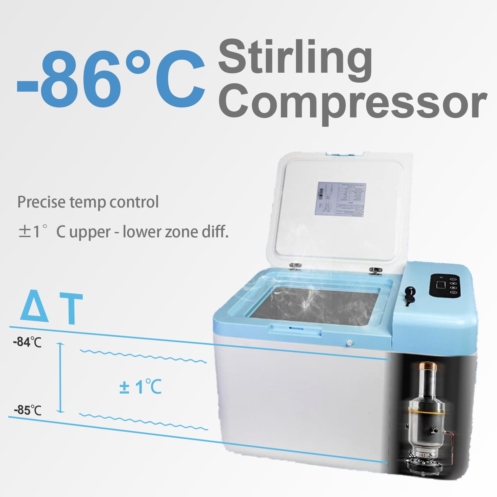 Ultra Tiefkühl Kühlschrank 22L (-86 °C) mit Stirling Kompressor,12 V für Auto, Laborkühlschrank Ideal für Labore zur Aufbewahrung von Blutplasma, Medikamenten