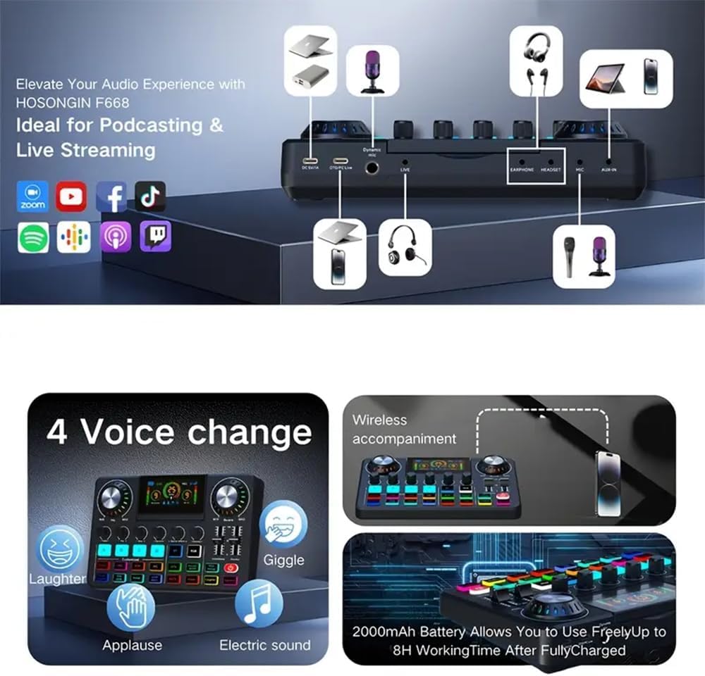 F668 OTG Audio Mixer Sound Card, Voice Changer, RGB Lights, Folding Screen, Bluetooth, For Live Streaming, Gaming, Karaoke, Streamers & Gamers