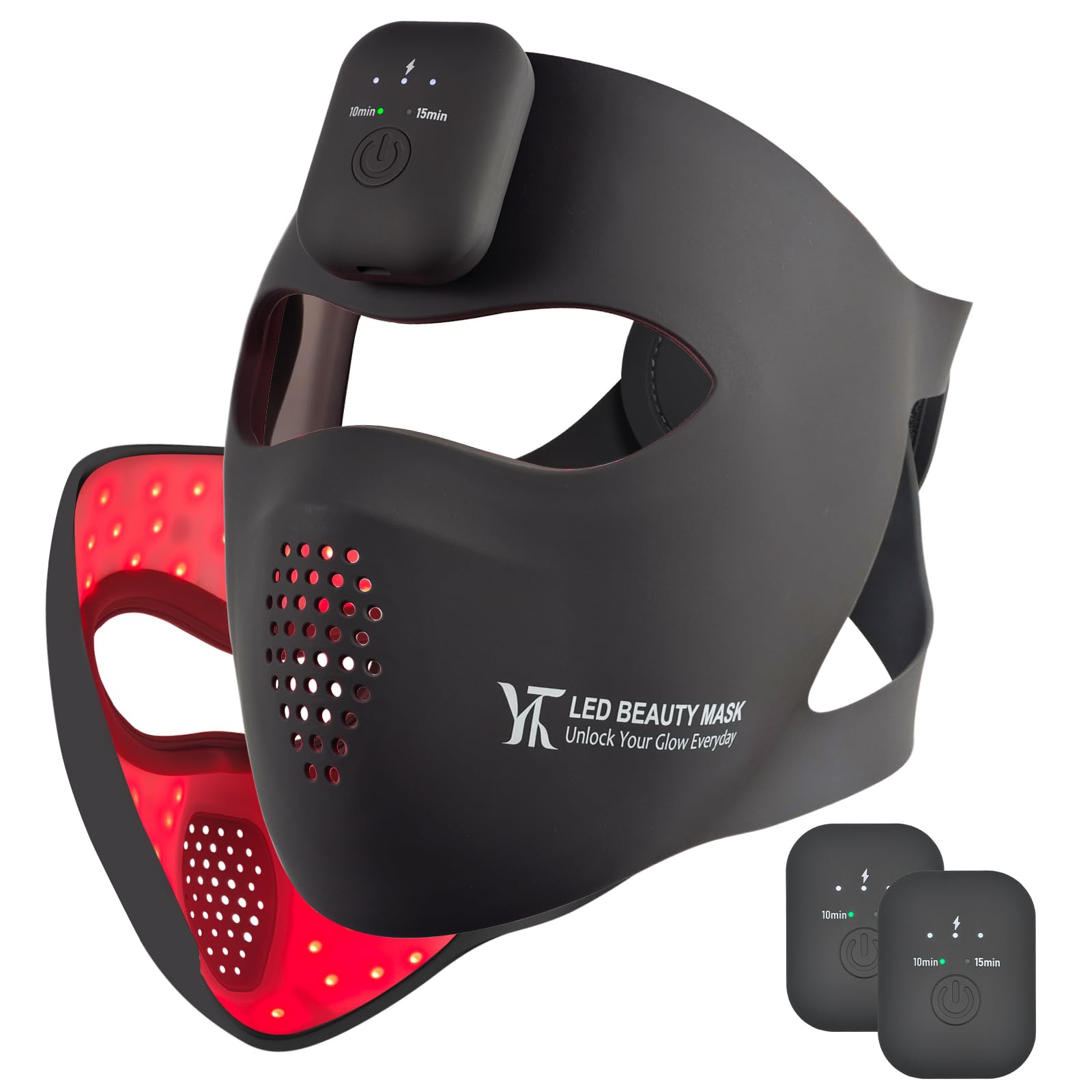 Gesichtsmasken-Lichttherapie, LED-Rotlichttherapie für das Gesicht, Infrarot- und Rotlichttherapie für das Gesicht, wiederaufladbares tragbares Rotlicht-Gesichtsgerät (Schwarz B)