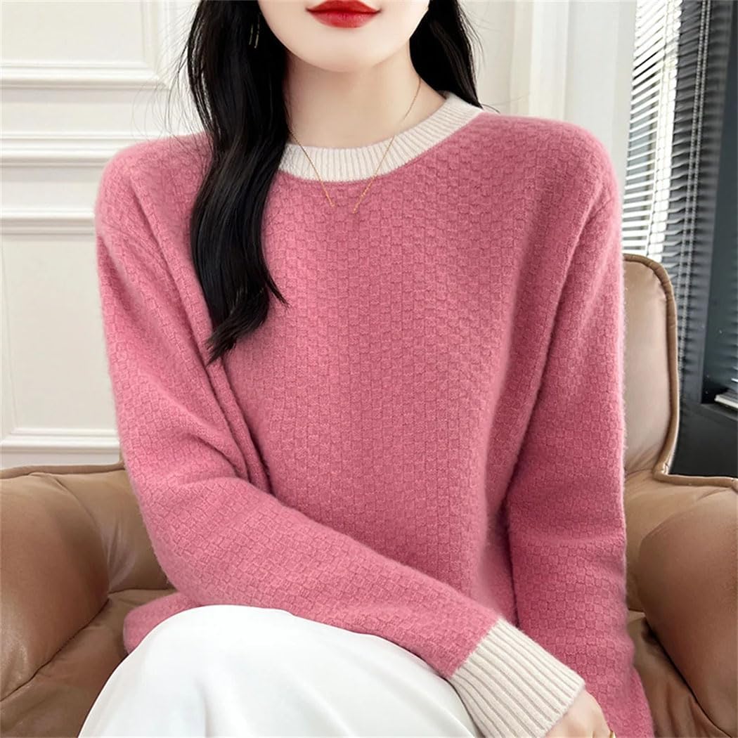 Women's 100% Wool Knitted Sweaters Crewneck Long Sleeve Soft Pullover Jumper Office Casual Loose Thermal Tops