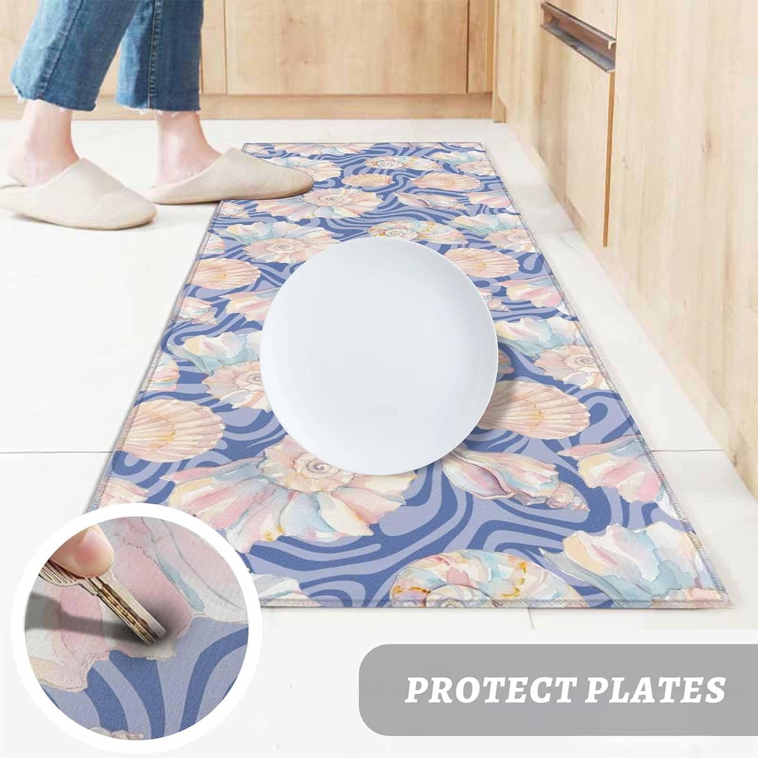 Teamery Kitchen Mats for Floor Watercolor Colorful Shells Conch Washable Non Slip Kitchen Rugs 1PCS, Abstract Blue Ocean Wave Absorbent Standing Mats for Sink Bathroom Office Living Room 15.7x47.2in