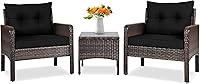 Vista 12 de Tangkula Juego de 3 piezas de muebles de patio de mimbre PE, juego de conversación de bistró al aire libre con cojines y mesa de centro de vidrio