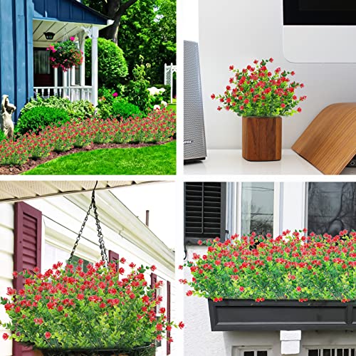 Sequpr 12 Bundles Artificial Flowers Plants Outdoors For Decoration Uv Resistant Plastic Small Fake Flowers Bulk For Outside Bouquet Hanging Baskets Garden Porch Vase Pots Yard Patio (Red) #TOP6