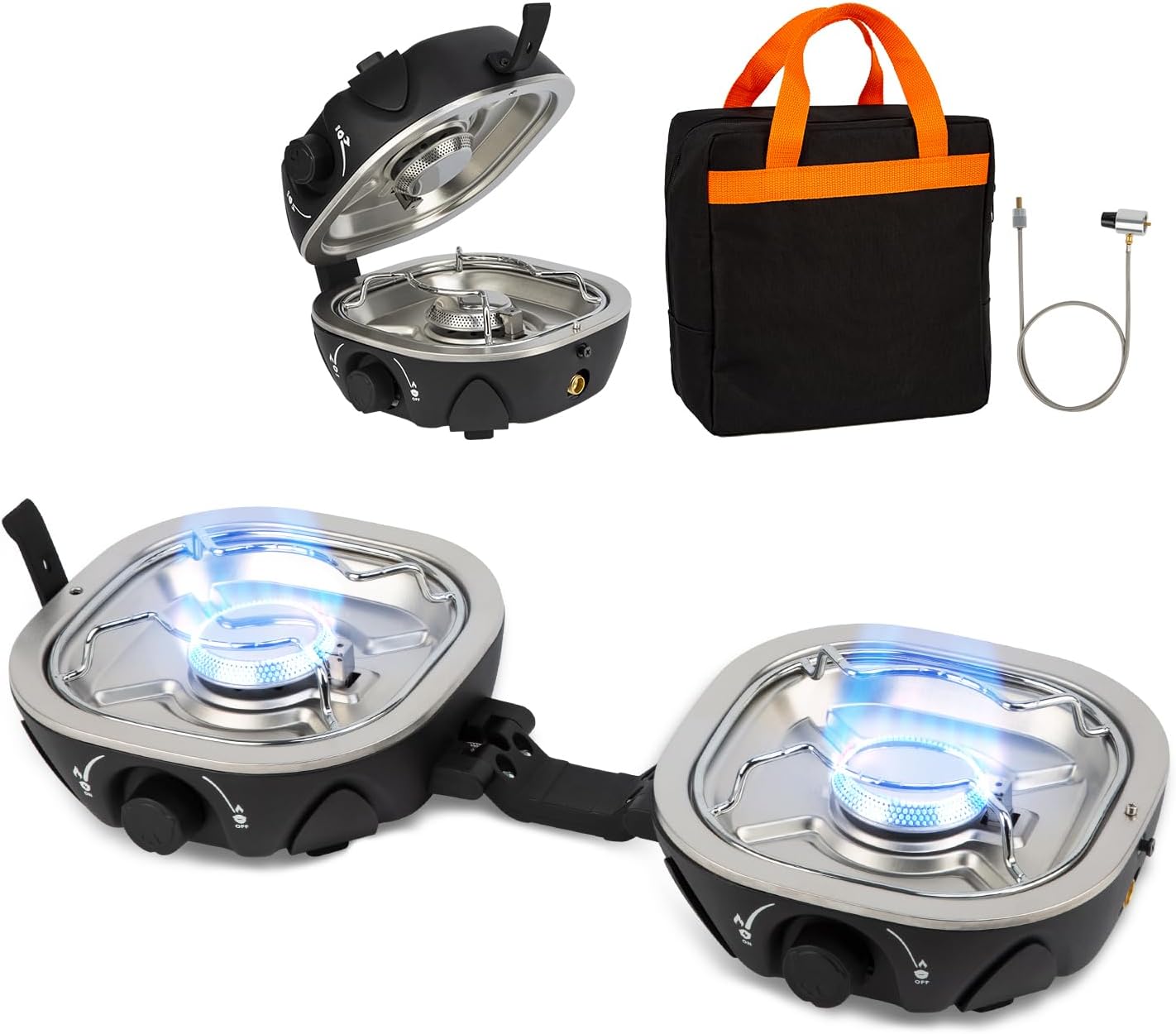 INFOOD Propane Camping Stove 20,000 BTU – Portable 2 Burner Gas Stove with Adjustable Flame Control, Piezo Ignition, Carry Bag & Propane Adapter Hose, Folding Design for Camp, BBQ, Tailgating, Black INFOOD Propane Camping Stove 20,000 BTU – Portable 2 Burner Gas Stove with Adjustable Flame Control, Piezo Ignition, Carry Bag & Propane Adapter Hose, Folding Design for Camp, BBQ, Tailgating, Black