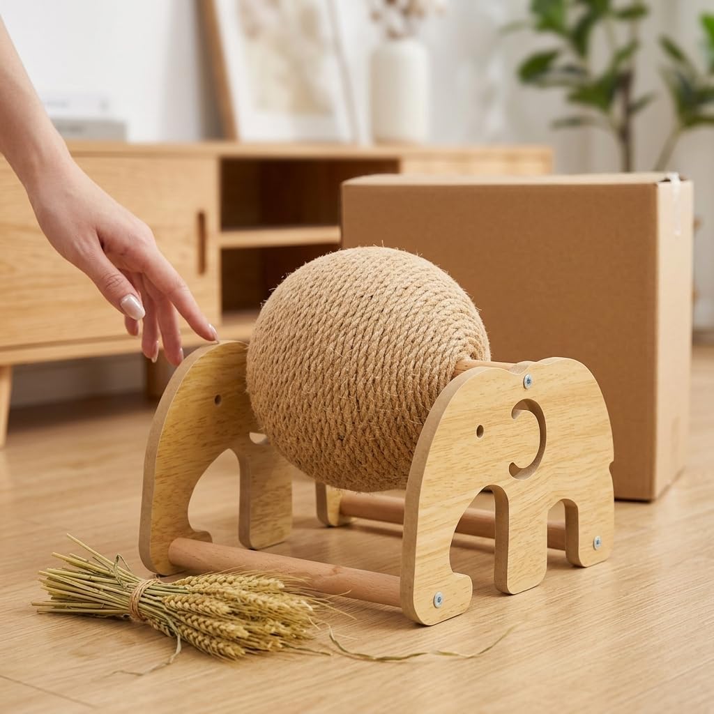Rabbit Scratching Ball Sisal Rope Toy for Bunnies Guinea Pigs Wood Molar Toy for Boredom Relief, Small Pet Scratching Post (Yellow)