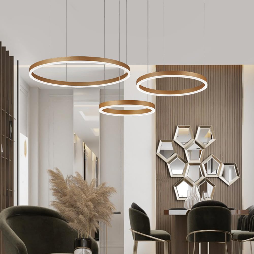 Lámpara colgante LED moderna, Aplique colgante con luz ajustable Araña de techo moderna, 86W, 2700-6500k, orientable con mando a distancia, color dorado, 3 aros 30x40x60cm