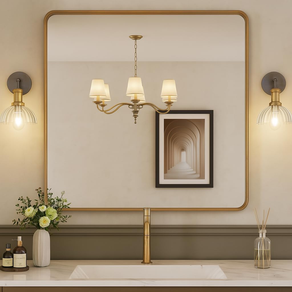 Black 40x36 Inch Metal Framed Mirror for Wall, Large Rounded Rectangle Mirror, Anti-Rust, Tempered Glass, Hangs Horizontally or Vertically