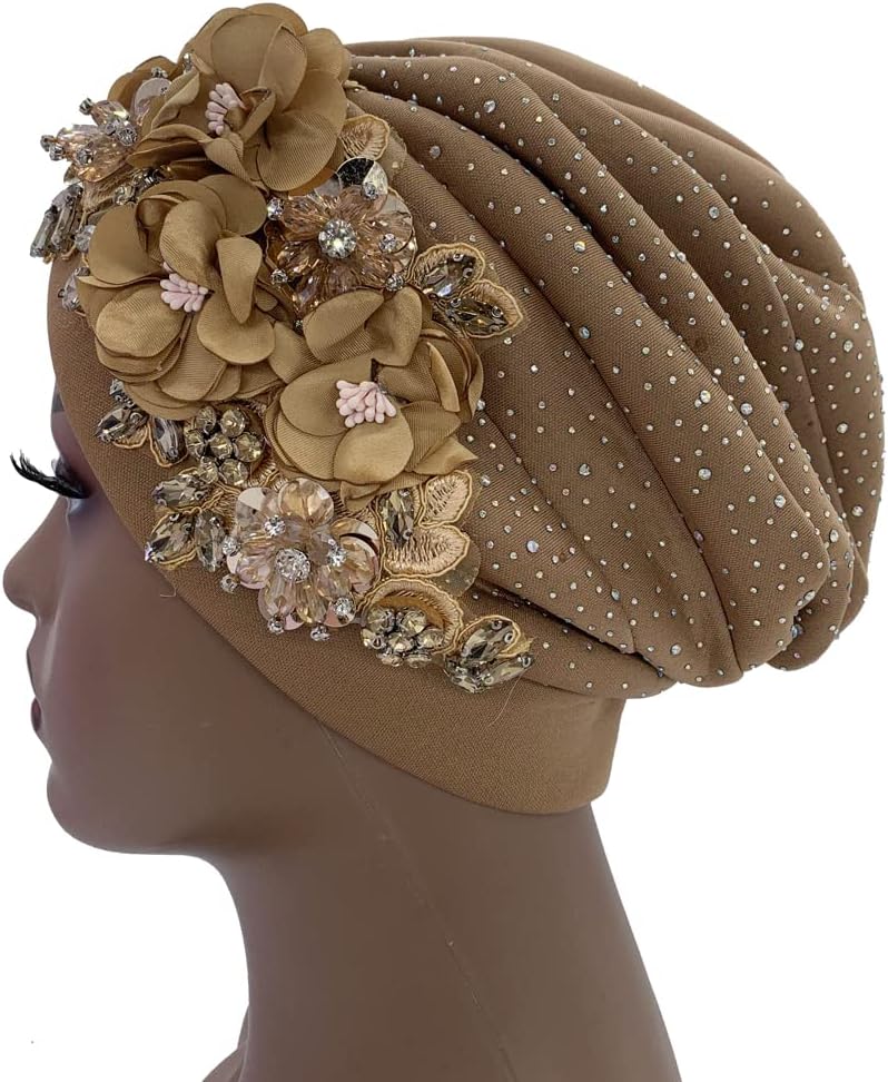 Luxurious African Women's Turban Cap Decorated with Rhinestone Bouquets Pleated Head Wraps Female Shinny Muslim Bonnet Hat - Image 4