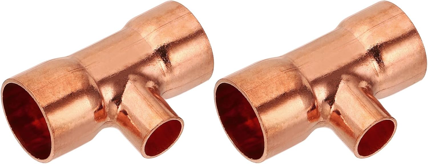 PATIKIL 3/4" x 1/4" x 3/4" ID Reducing Tee Copper Fitting, 2pcs 99.9% 3 Way Pure Copper Pipe Tube Connector Adapter Reducer with Sweat Solder Connection for HVAC Refrigeration System