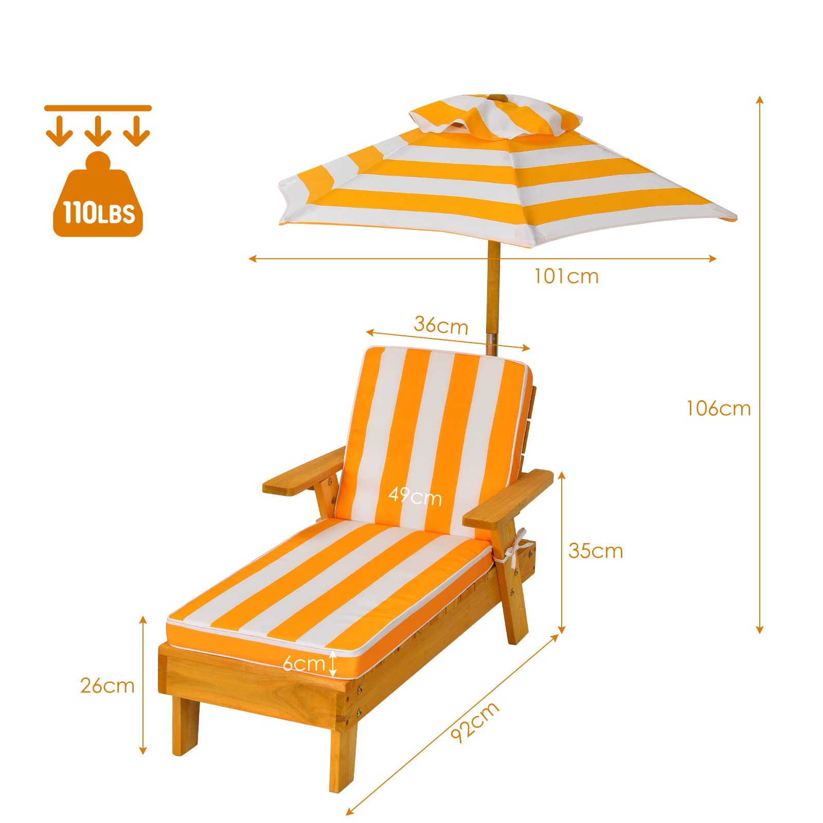 KOMFOTTEU Kinder Sonnenliege, Kinderstuhl mit Sonnenschirm & Kissen, Kinderliege aus Holz, Gartenliege bis 50kg belastbar, Kindersessel für Strand Balkon Pool, 92 x 49 x 106 cm