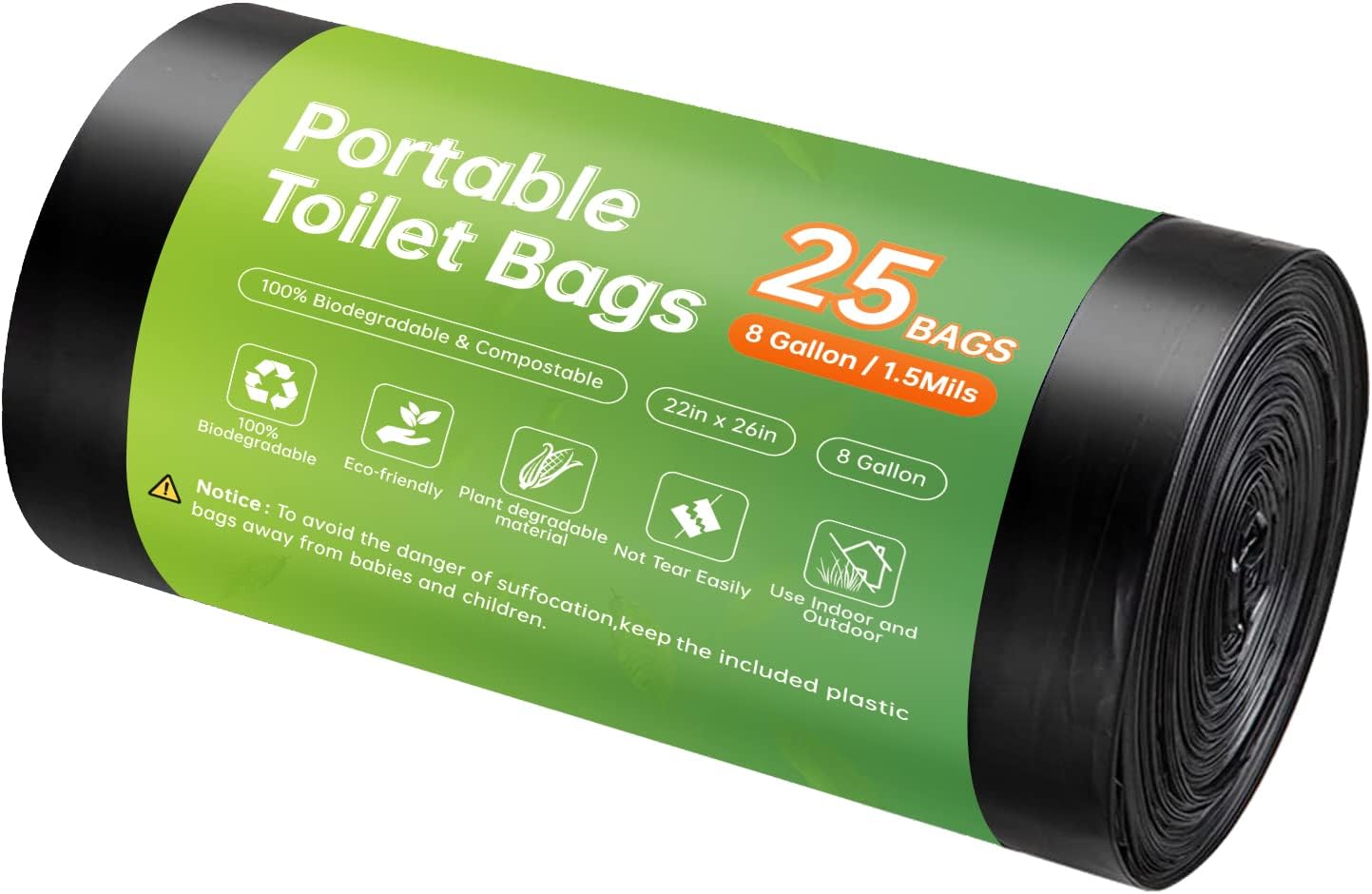 25 Portable Camping Toilet Bags, 8 Gallon Leak-Proof Trash Bags, 1.1 Mil Super Thick Biodegradable Waste Bags for Outdoor Boating Travel