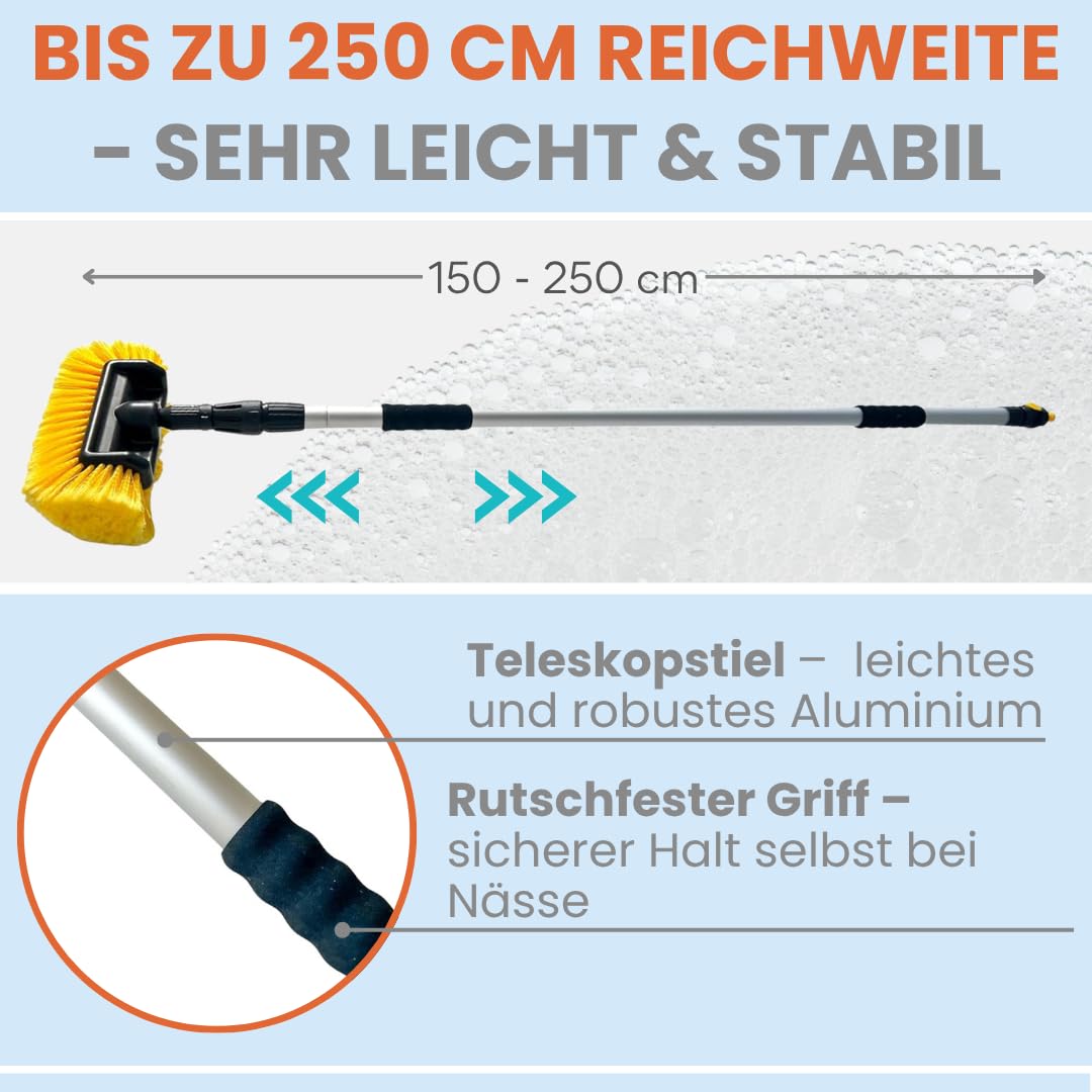 Autowaschbürste XXL mit Teleskopstiel 150-250cm | LKW & PKW Waschbürste | mit Schlauchanschluss | weicher 4D-Kopf 4P