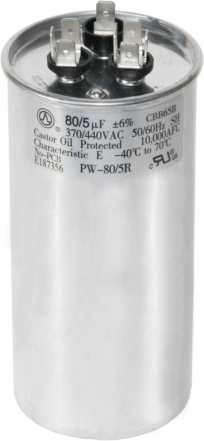 80+5 uf MFD 370 or 440 Volt Dual Run Round Capacitor TP-CAP-80/5/440R Condenser Straight Cool/Heat Pump Air Conditioner