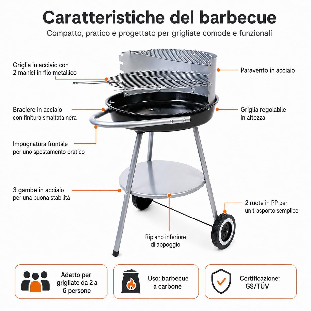 Barbecue a Carbone Rotondo Ø 47 cm con Paravento - Semiaperto con Griglia Regolabile 42,5 cm, Ripiano Inferiore e 2 Ruote - per 2-6 Persone - Ideale per Giardino e Terrazzo