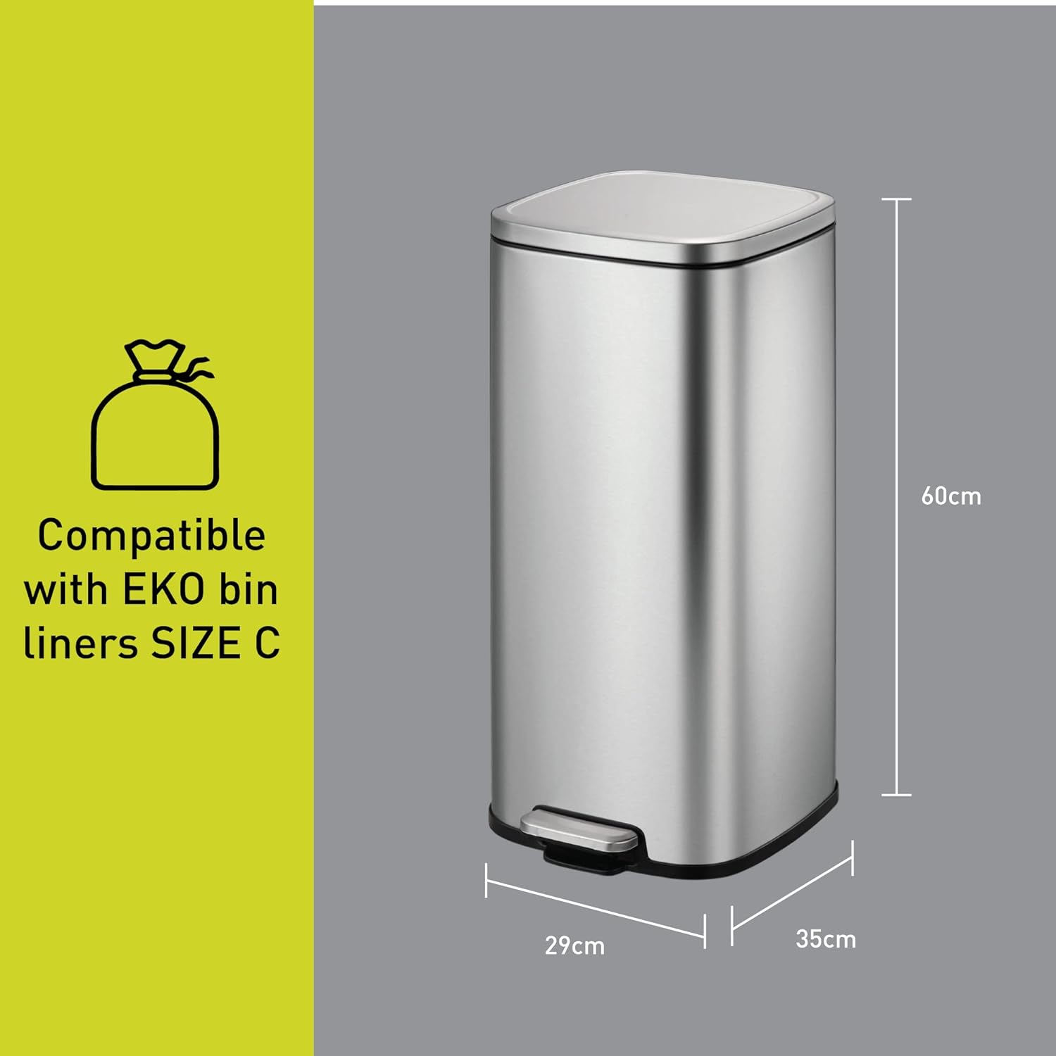 EKO Stella Pedal Bin dimensions: 60cm height, 29cm width, 35cm depth