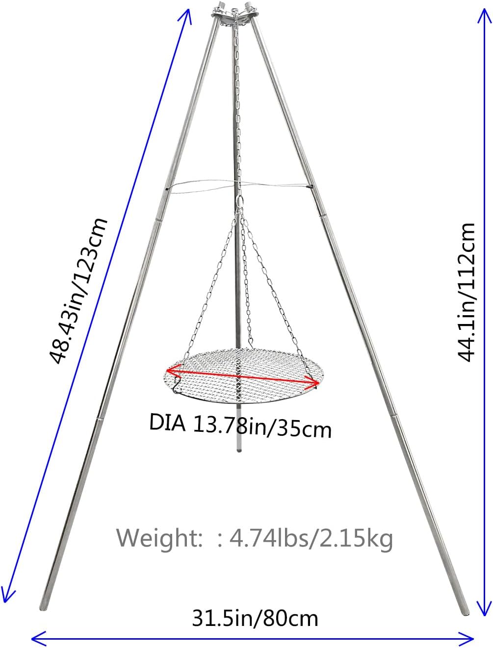 YBTMG Camp Fire Tripod for Cooking, Stainless Steel Camping Fire Grill with Adjustable Chain, 13.78" Stainless Grill Grate for Camping Hiking BBQ