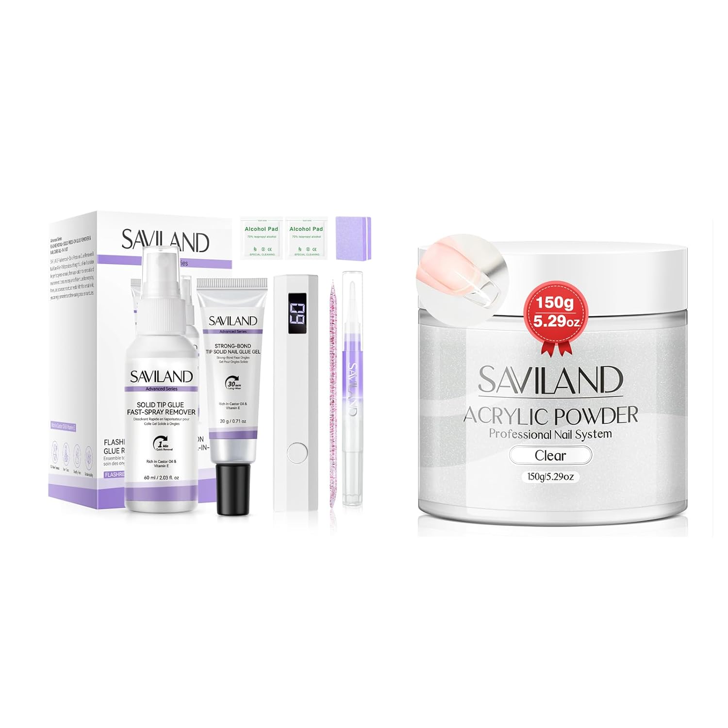 Saviland Clear Acrylic Powder 5.29OZ Large Capacity Acrylic Nail Powder Polymer Beginner SAVILAND Advanced Solid Nail Glue Gel Kit: 60ml Nail Glue for Press On Nails with Remover Lasting Press On Nail