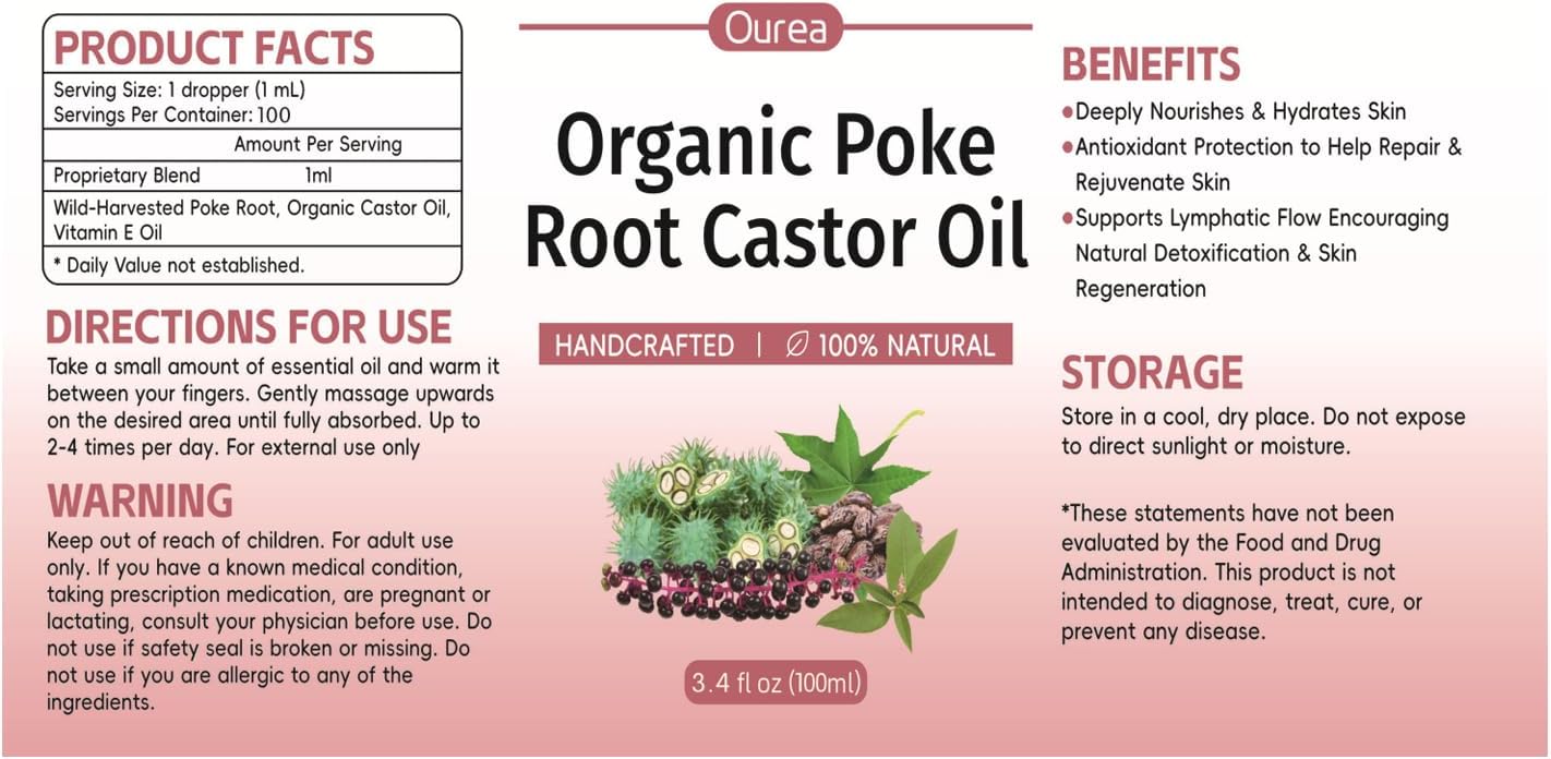 Organic Poke Root Castor Oil – 3.4 fl oz (100ml) Natural Lymphatic Support Massage Oil, Soothing Relief for Cysts, Boils, Breast, Fibroids, Swollen Lymph Nodes & Joint – Deep Tissue Drops - Image 2