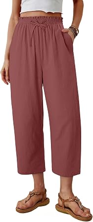 Magritta Womens Cropped Lounge Pants Lightweight Elastic Waist Pant with Pockets Summer Casual Loose Capri Trousers