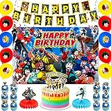 Anime Birthday Party Decorations Include Happy Birthday Banner, Cake Topper, Honeycomb Centerpiece, Patterned Balloons, MHA Birthday Party Suppliesfor Kids