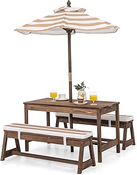 HONEY JOY Kids Picnic Table, Outdoor Wooden Table & Bench Set w/Removable Cushions and Umbrella, Stripe Fabric, Children Backyard Furniture for Patio Garden, Gift for Toddler Boys Girls Age 3+Coffee