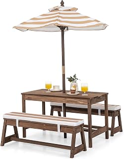 HONEY JOY Kids Picnic Table, Outdoor Wooden Table & Bench Set w/Removable Cushions and Umbrella, Stripe Fabric, Children Backyard Furniture for Patio Garden, Gift for Toddler Boys Girls (Coffee)