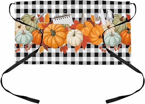 Delantales de servicio de Acción de Gracias con 3 bolsillos, delantal rústico de otoño con hoja de arce de calabaza, negro y blanco, a cuadros,