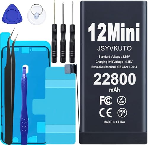 JSYVKUTO 22800mAh Battery for iPhone 12 Mini, [Upgraded] New 0 Cycle Higher Capacity Replacement Battery for iPhone 12 Mini with Full Set Repair Tool Kit, Model A2399 A2400 A2398 A2176