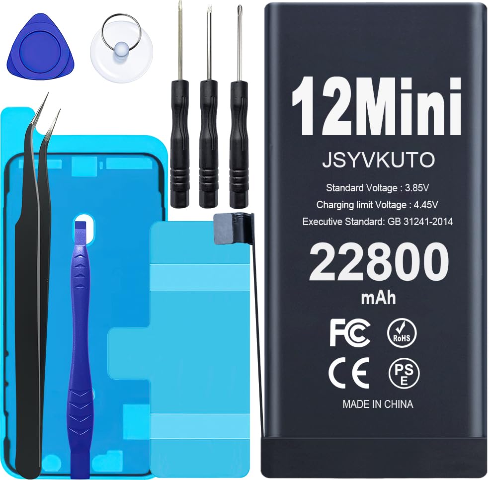 JSYVKUTO 22800mAh Battery for iPhone 12 Mini [Upgraded] New 0 Cycle Higher Capacity Replacement Battery for iPhone 12 Mini with Full Set Repair Tool Kit Model A2399 A2400 A2398 A2176