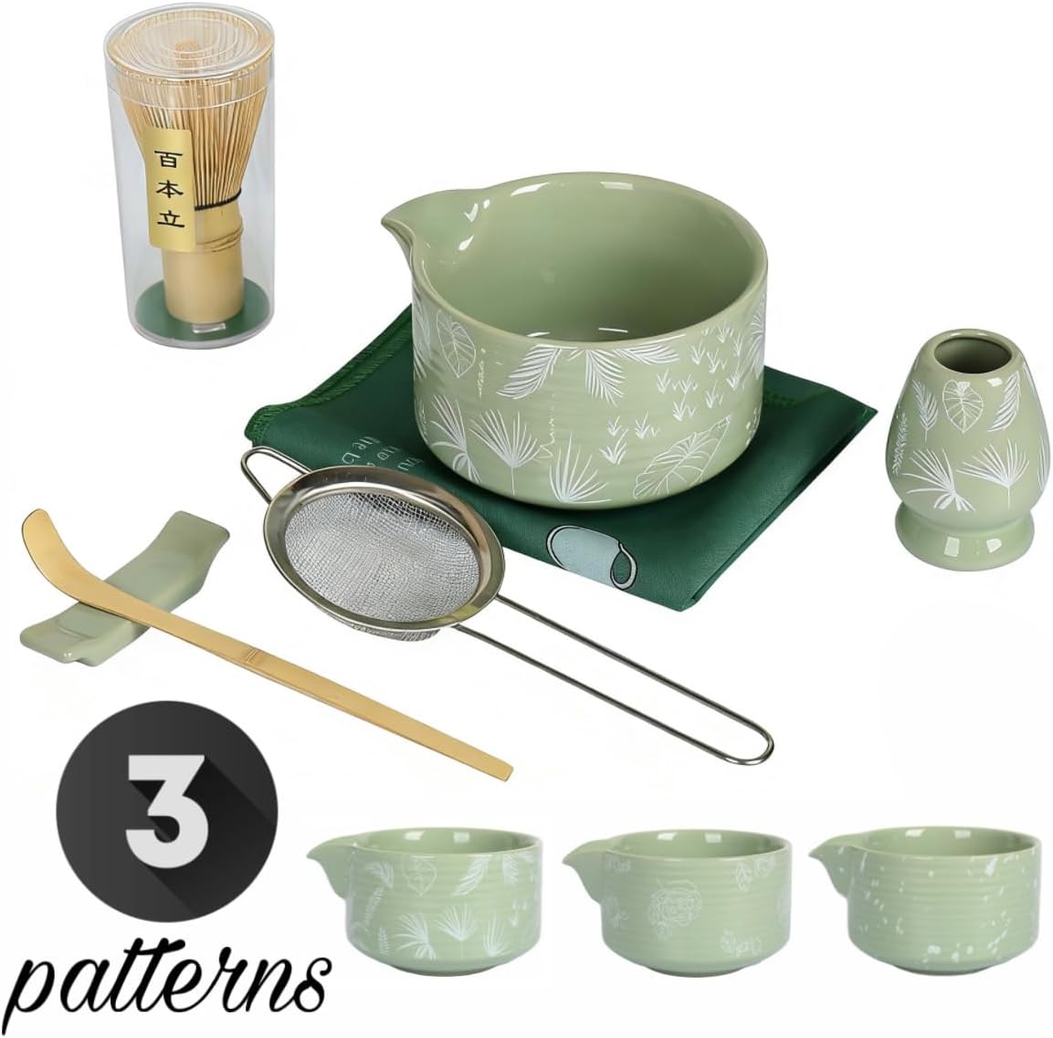 Matcha Set, Matcha Bowl with Spout, Matcha Whisk and Holder, Bamboo Scoop and Stainless Sifter,7 Pcs Light Green matcha Kit Set for Matcha Lover