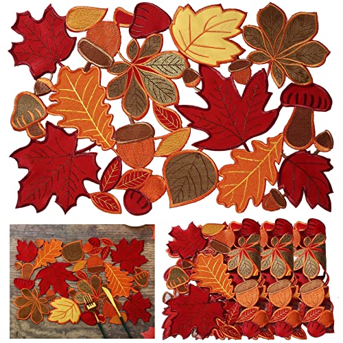 6 Pcs Embroidered Maple Leaves Placemats Thanksgiving Table Placemats Leaf Placemats For Home Kitchen Dinning Thanksgiving, Fall Or Autumn Harvest Decorations (Maple Style, 11 X 17 Inch) #TOP11