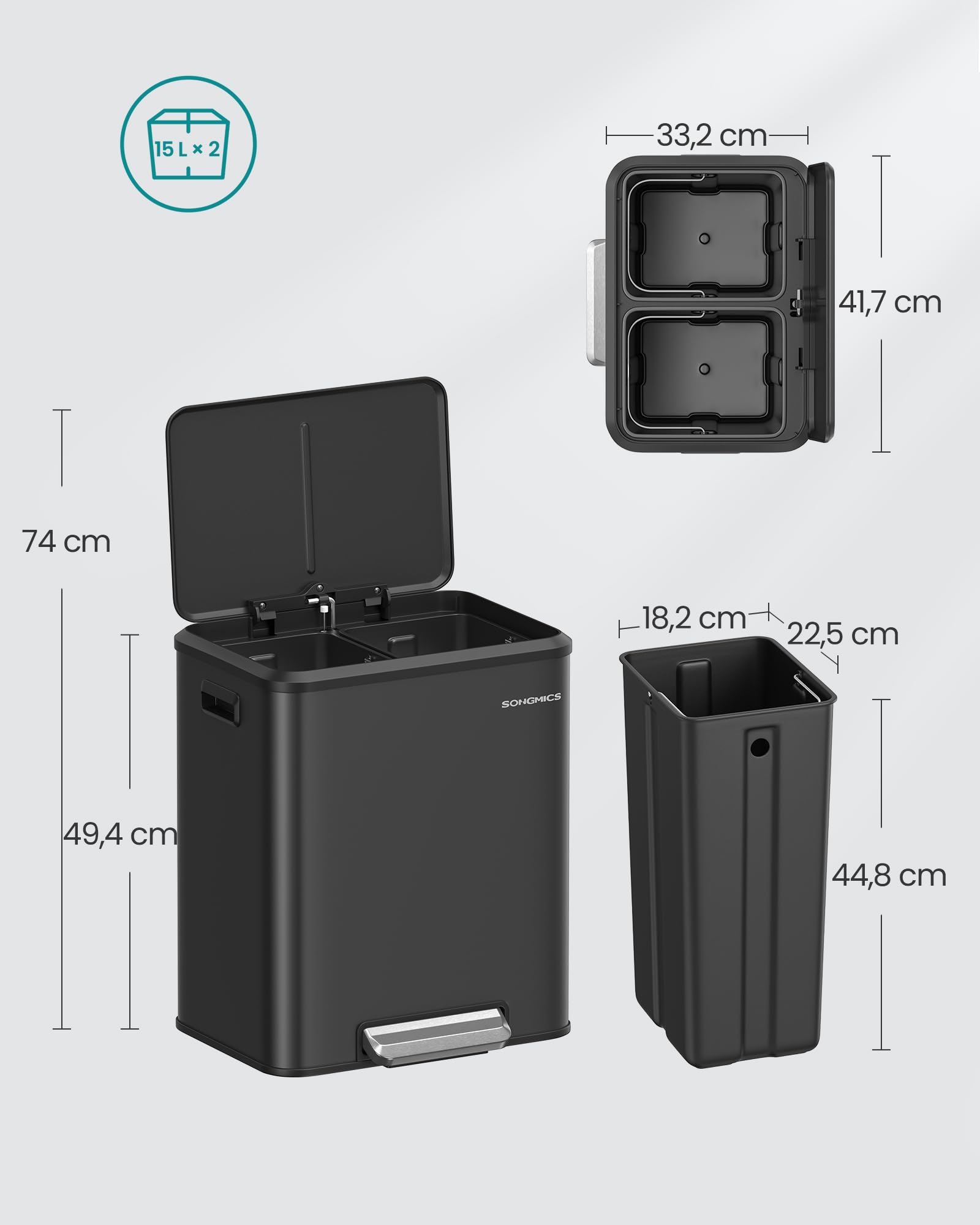 SONGMICS Mülleimer Küche, Mülltrennsystem 2 x 15 L, 2 Fächer für Recycling und Restmüll, Abfalleimer, Inneneimer, Stahl, Softclose-Deckel, breites robustes Pedal, tintenschwarz LTB544B02
