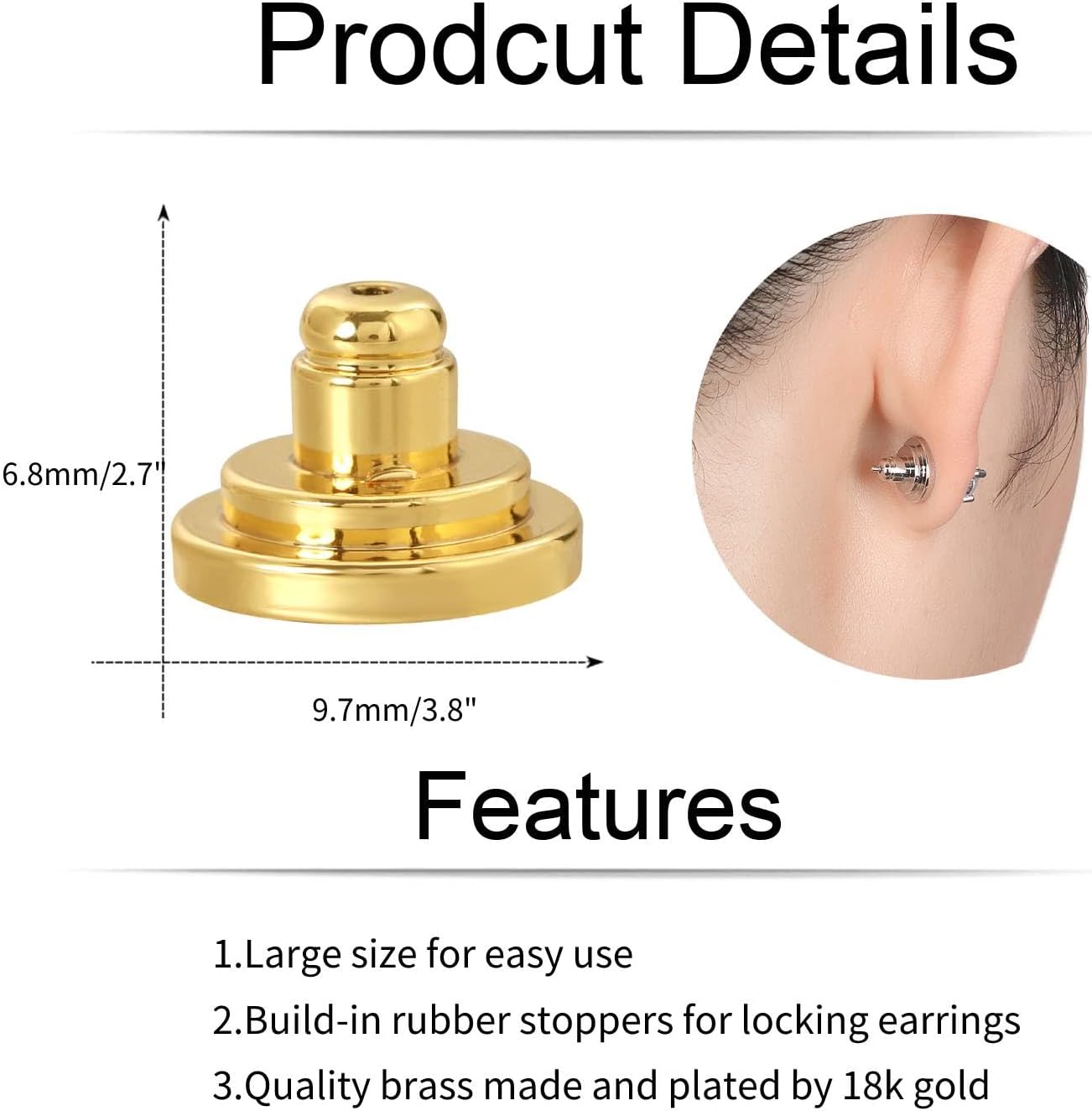 Earring Backs for Droopy Ears, JIACHARMED Big Earring Lifters Supports Backs for Studs Heavy Earrings Large Locking Earring Backings Replacement 4pcs Backstop Secure Comfortble Stopper,18K Gold