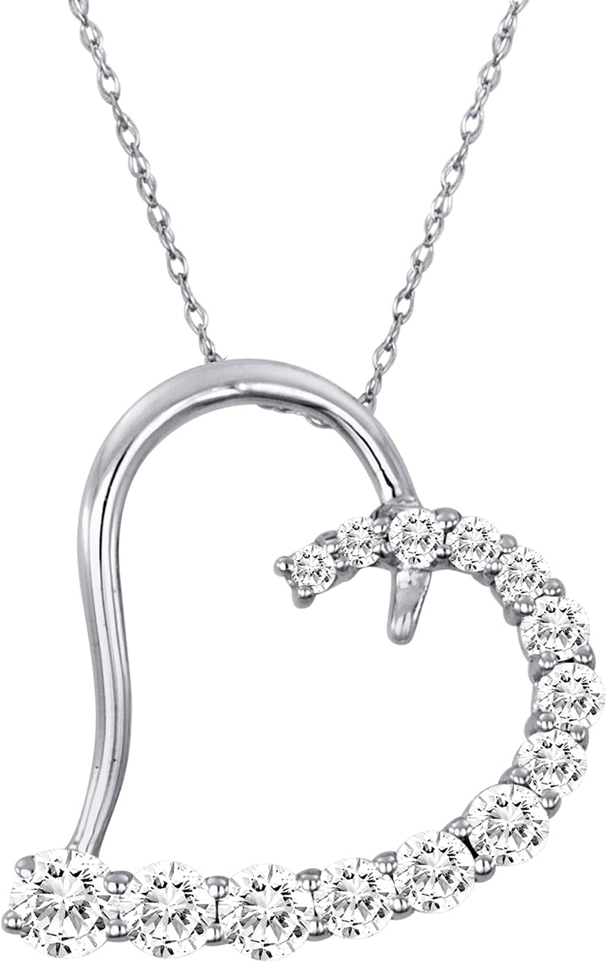 Oro Leoni Designer 14K Solid White Gold with Round Brilliant Cut Cubic Zirconia 14pcs Total, Beautiful Heart Pendant Necklace, 18″ Length chain (Women Jewelry)