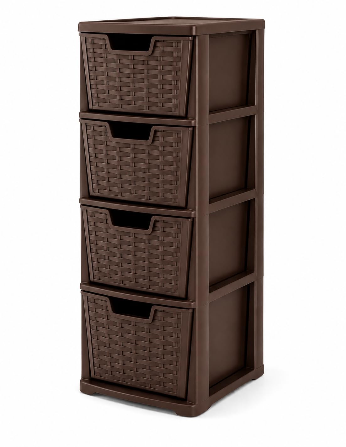 BBSK 4 Drawer Rattan Storage Tower, Plastic Storage Drawers with Woven Rattan Design, Narrow Storage Cabinet Organizer for Bedroom, Bathroom, Living Room & Office, Chocolate Brown