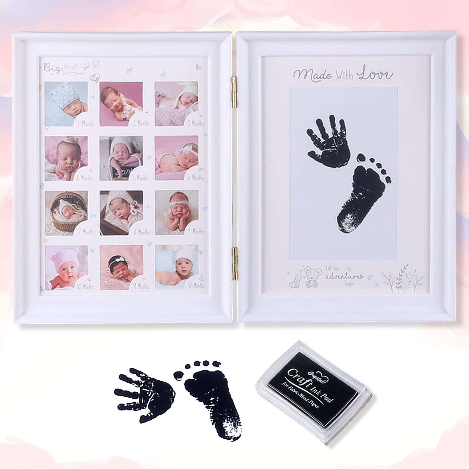 SYOSIBaby Hand and Footprint Kit, Baby Framed Photo Kit, Anniversary Growth Record Baby Gifts, Reusable Ink Cartridge Photo Frame (Foldable White)
