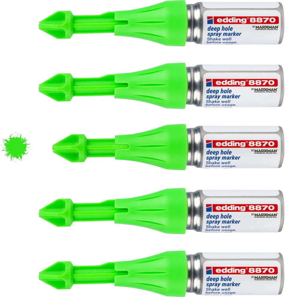 Edding Marqueur spray 8870 pour trous de perçage et zones inaccessibles – 5 Marqueurs à craie vert effaçables jusqu’à 50 mm de profondeur, pour pro & bricolage - Utilisation jusqu’à 250 pulvérisations