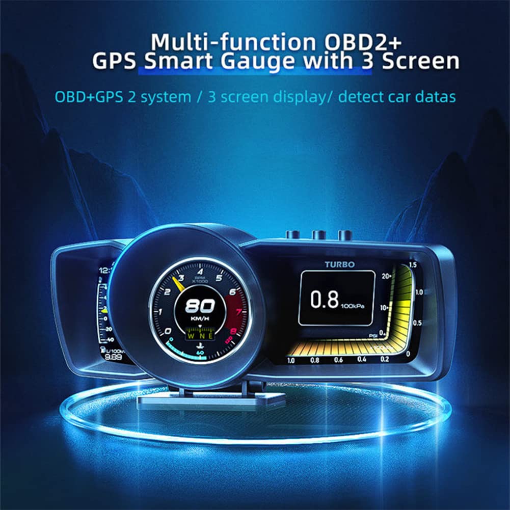 Car Hud, OBD2 Gauge HUD + Universal Speedometer, 3 LCD Car Head-up Display, Meter, Gauge, Overspeed/Voltage Alarms, Freely Switch Display Interface