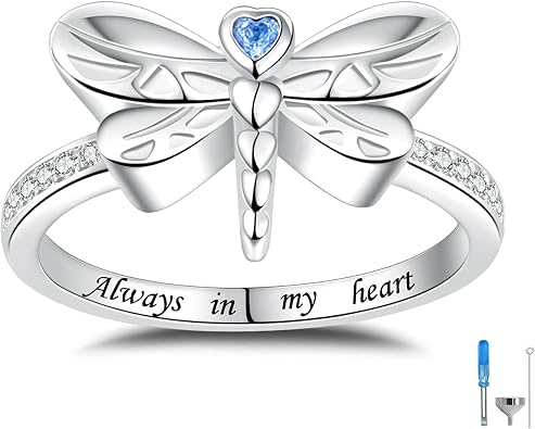 925 Sterling Silver Dragonfly Urn Ring for Women Always in My Heart Engraved Cremation Memorial Keepsake Jewelry