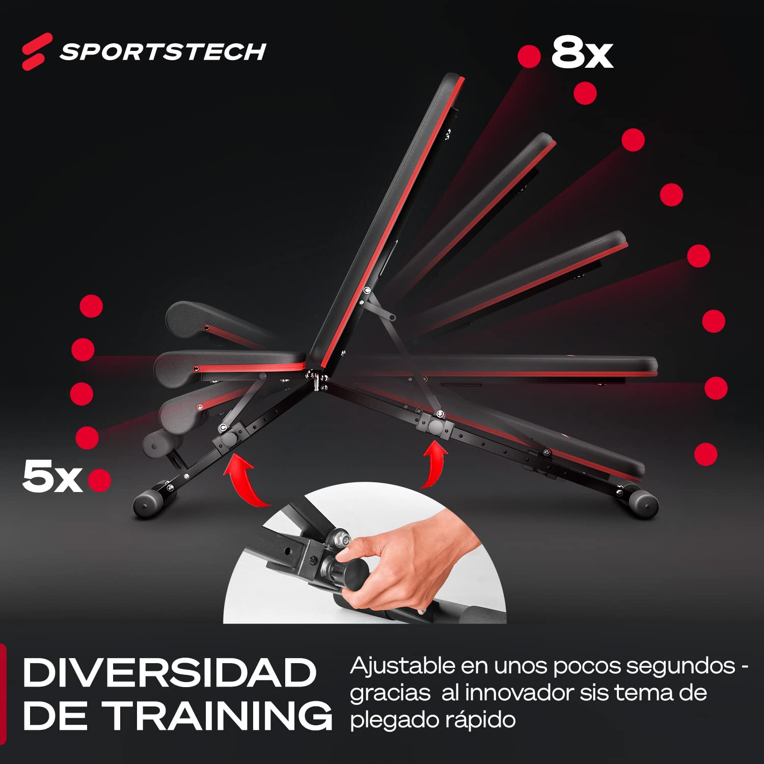 Banco de pesas Sportstech, plegable, inclinado y plano, max. carga de 180 kg, para entrenar los abdominales y ponerse en forma + más de 40 combinaciones para uso doméstico | BRT400