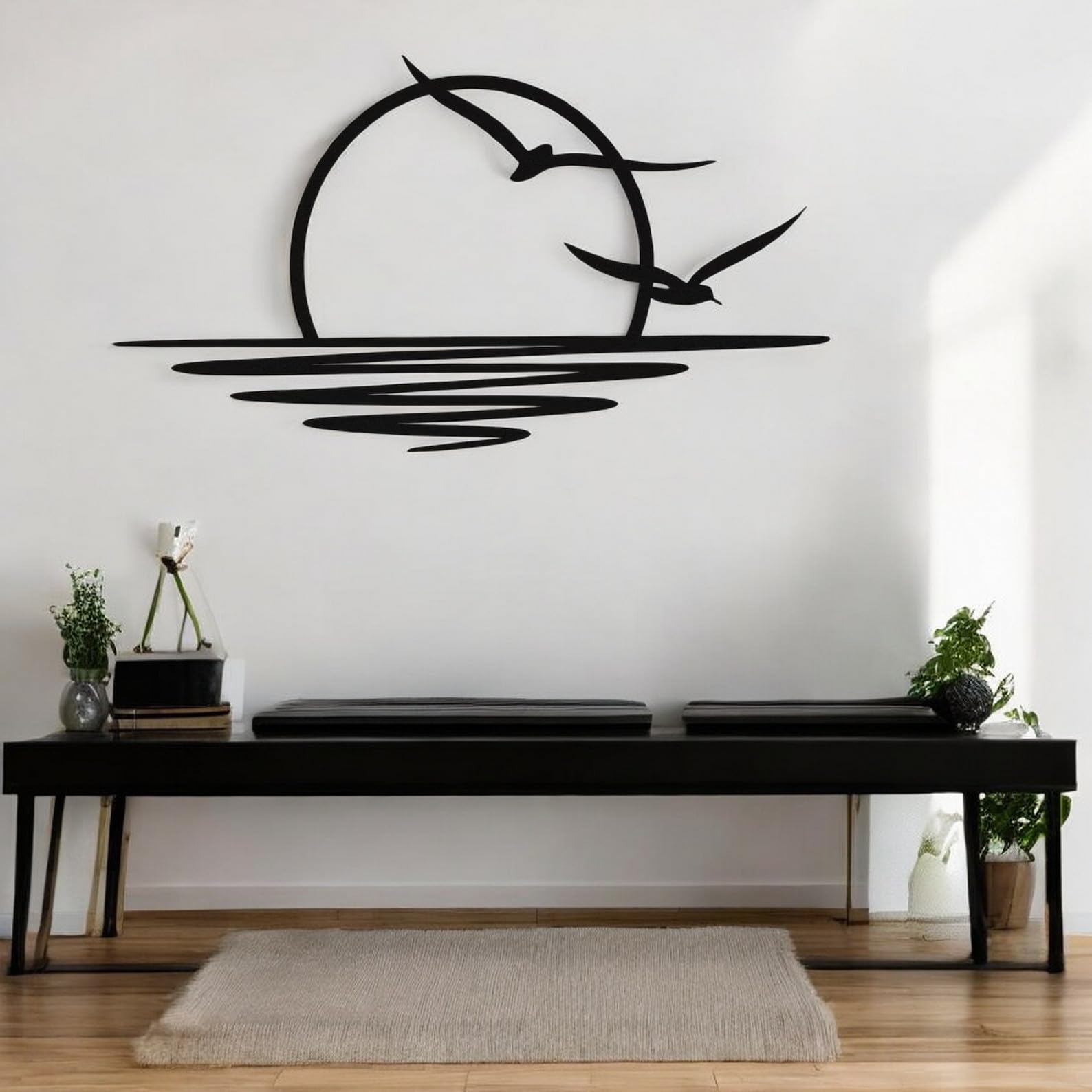 Tubibu Metall-Wandkunst Sonnen-Glitzer-Wanddekoration schwarze minimalistische Linienkunst Sonnenaufgang-Wandbehang (Small)