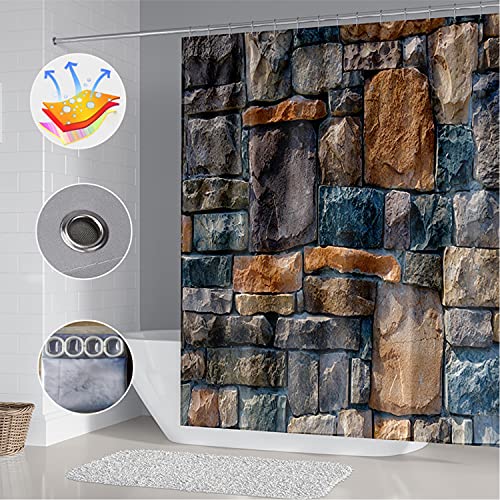 Rustic Stone Shower Curtain Grey Blue Orange Stones Wall Bath Curtain Marble Vintage Urban Brick Slate Wall With Rocks Pattern Bathroom Decor Curtains 72X72 Inches #TOP5