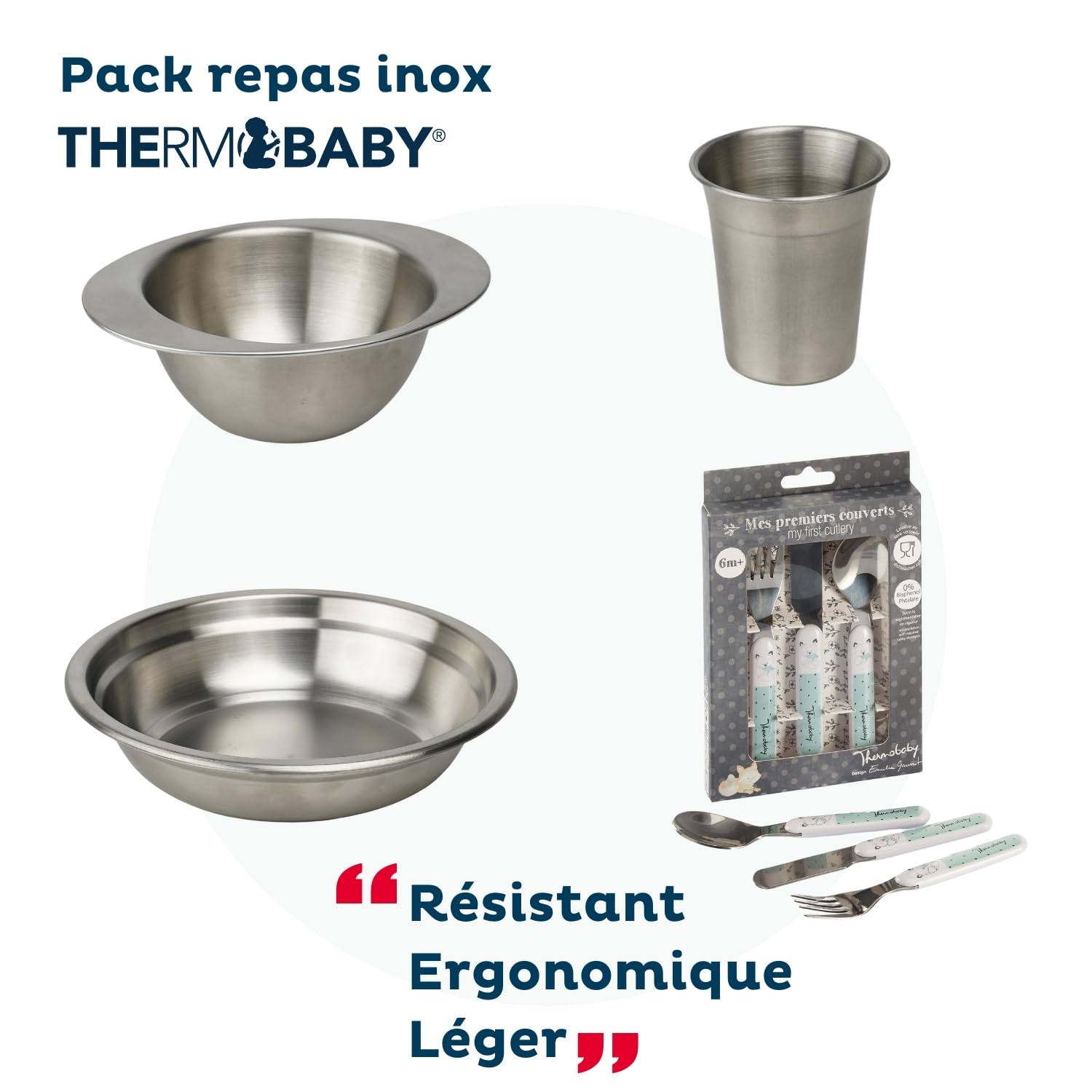 THERMOBABY - Pack Repas Bébé Complet Inox - Ensemble Repas pour Enfant avec Assiette, Set de Couverts, Gobelet et bol - Idéal à offrir - Pratique, Sain et Sûr - Coffrets Repas Pour Enfant sans BPA