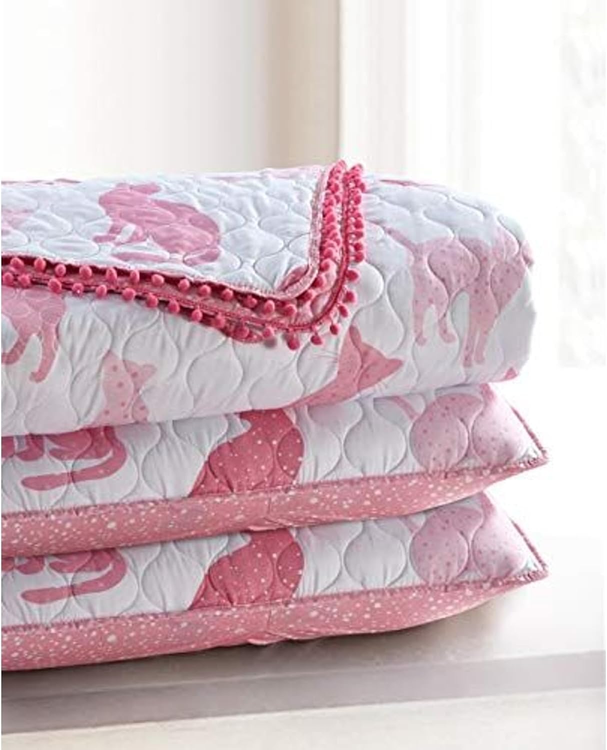 Sleeping Partners 3 Piece Pink Cats Quilt Set with Mini Pom Poms, Full/Queen, Pink