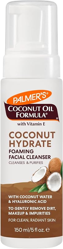 Limpiador facial hidratante y espumoso con fórmula de aceite de coco de Palmer (5 onzas) | Jabón facial con agua de coco, ácido hialurónico y vit. E, cuidado de la piel limpiador, purificante e hidratante suave para una piel radiante