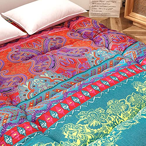 Image of MAXYOYO Bohemian Futon Floor Mattress Boho Floral Style Japanese Tatami Mat Foldable Mattress Portable Camping Sleeping Pad Lounger Couch, Queen