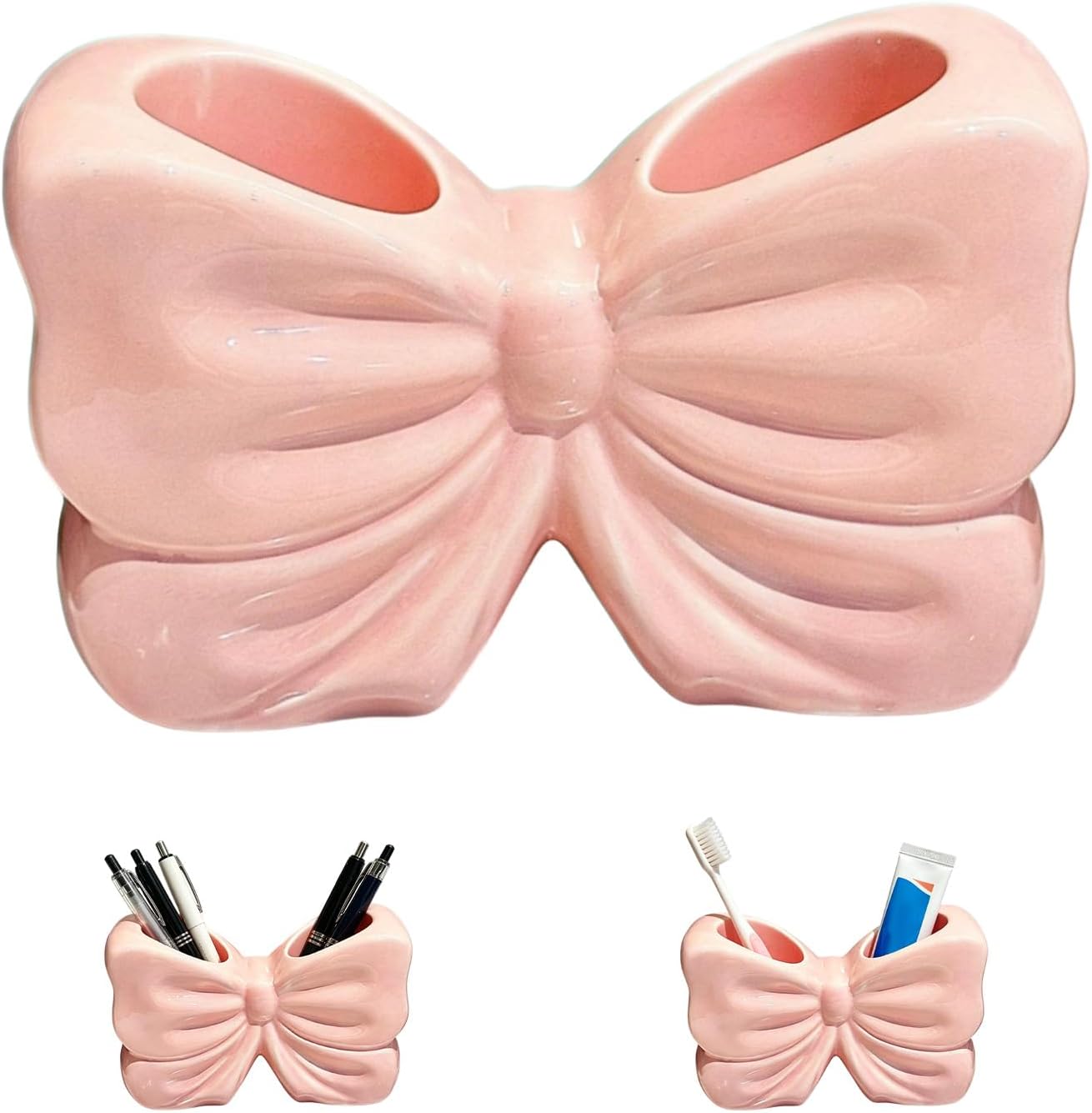 Bow Toothbrush Holder, Cute Ceramic Toothbrush Holder Set, Bow Bathroom Decor Accessories, Available in Pink, Green, Purple, Countertop Vanity Organizer for Home Bathroom Decoration (Light Green)