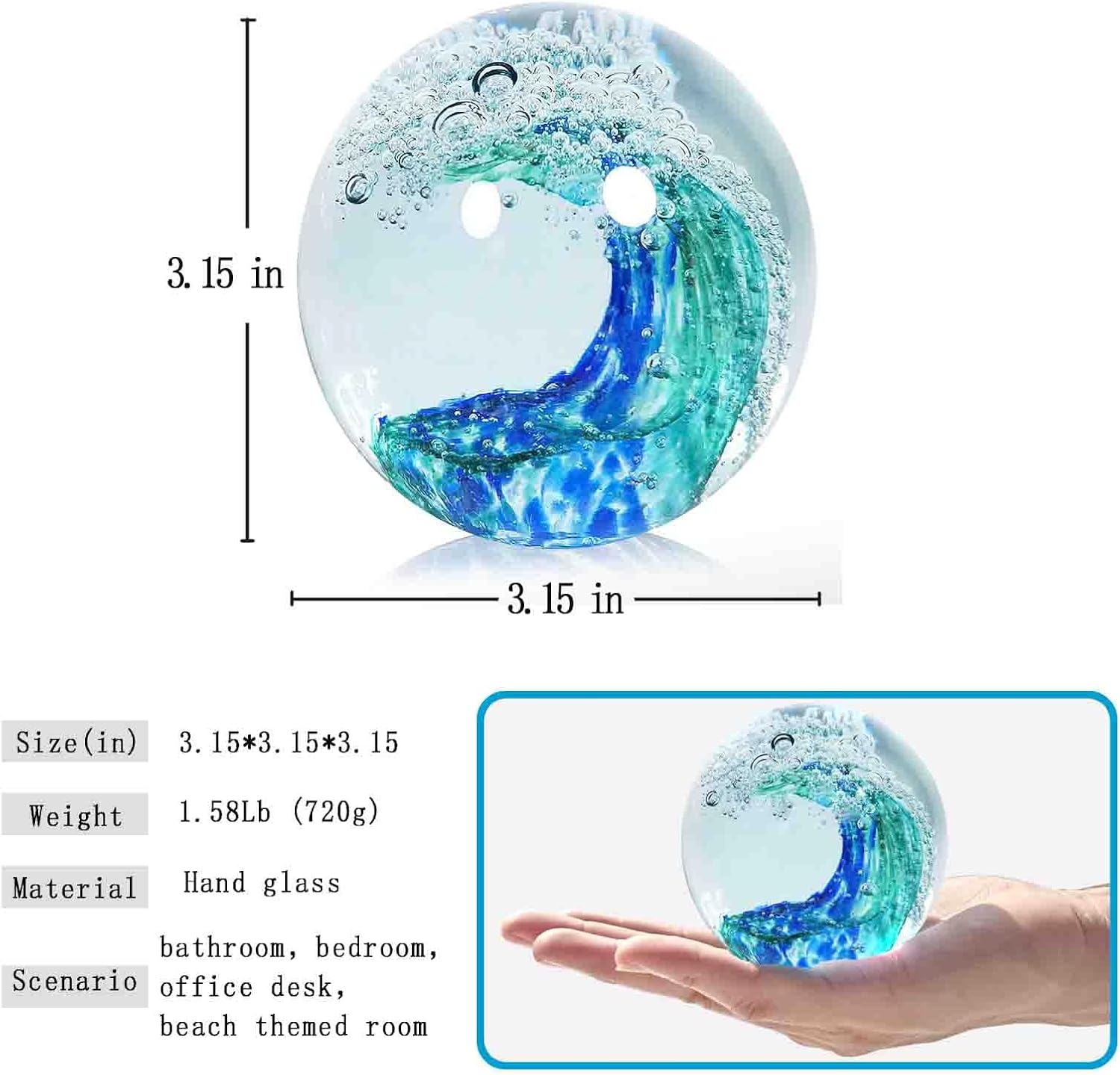 Hand Blown Ocean Wave Glass Paperweight - Blue Sea Glass Art for Beach Home Decor, Unique Gift for Ocean Lovers, Coastal Office Desk & Bathroom Decorations