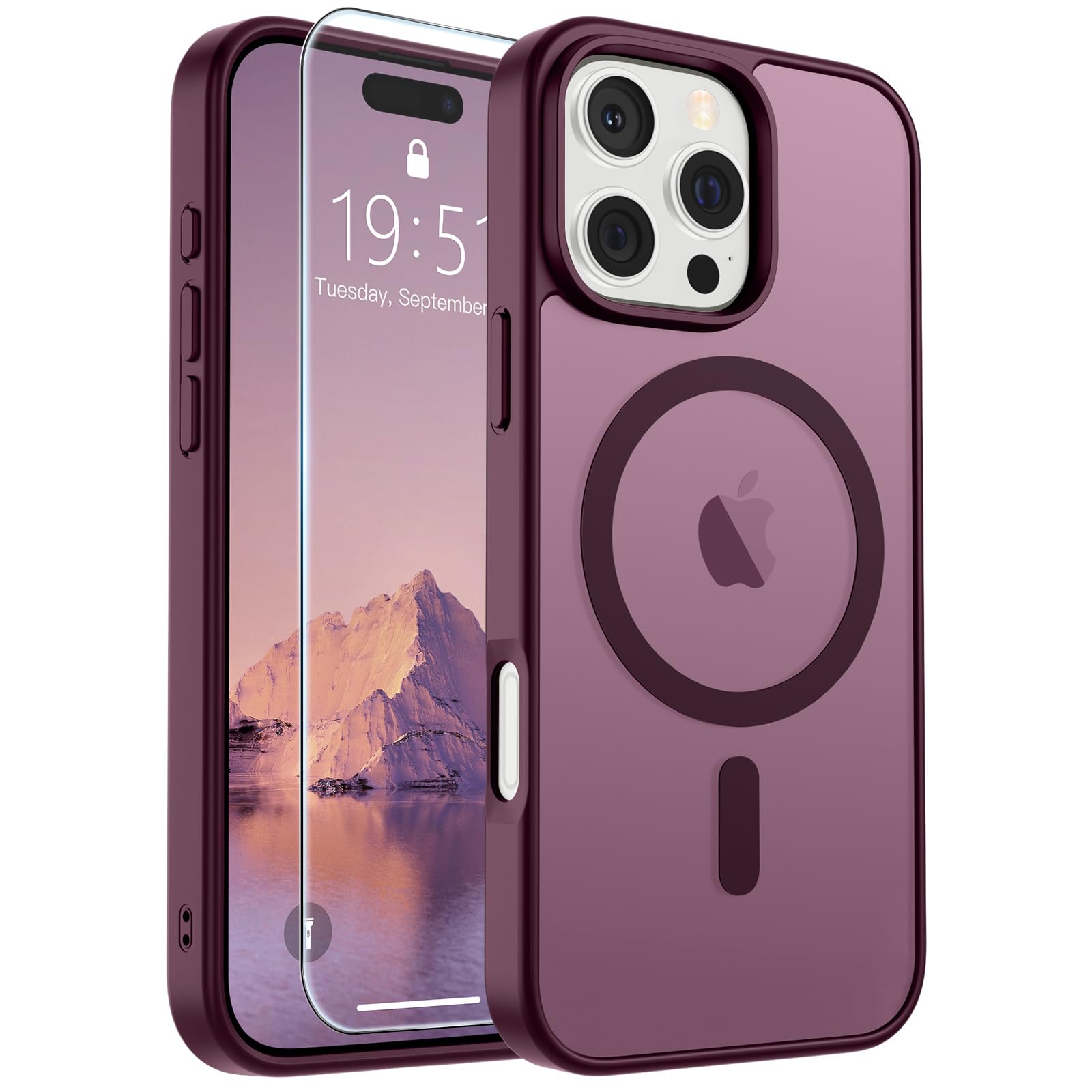 SUPFINE Magnetic for iPhone 16 Pro Case Wine Red | With Screen Protector, Translucent Matte, Compatible with MagSafe, Military Grade Drop Proof, Rugged Shockproof Protective